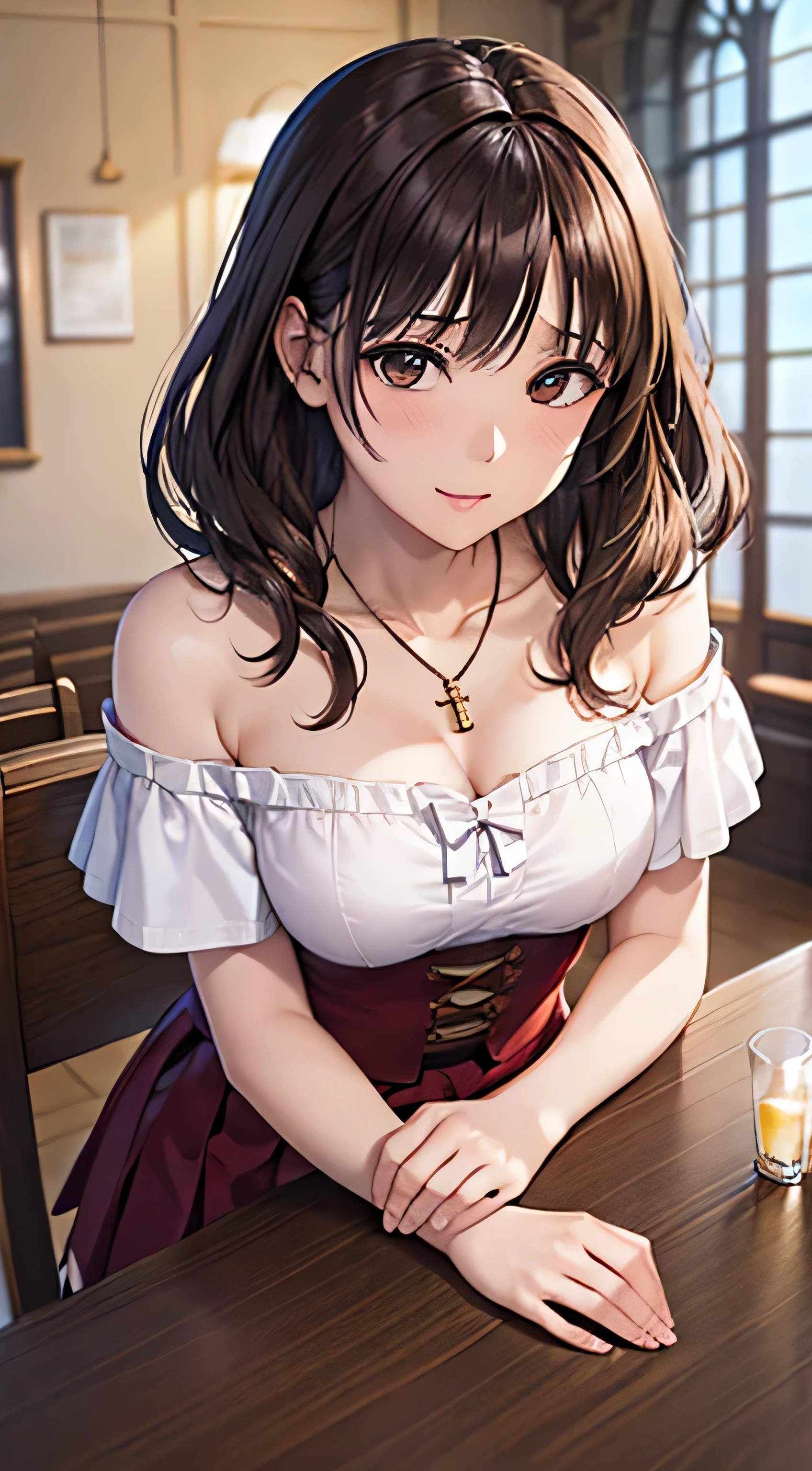 ((Tabletop, Highest quality, High resolution, , Pixel Perfect, 4K,))), 1 female, 、The whole body is visible、 ((Long Wavy Hair, bangs, Brown Hair)), ((Brown eyes, Beautiful eyelashes, Realistic eyes)), ((Detailed face, Blushing:1.2)), ((Smooth texture:0.75, Realistic texture:0.65, Realistic:1.1, Anime CG Style)), Medium sized breasts, Dynamic Angle, Perfect body, (( , , Beautiful Priest、、 Priest off-shoulder jacket、Pleat Long Flare Skirt、、)), Gold Hair Ornament、Cross Necklace、、Very embarrassing panic smile, 、Gorgeous church basilica、、、、Hold a big Bible、Sitting on the floor、Get on one knee、、、Light blue lace panties are visible、Bring your arms together、、、、 、Angle from below)、