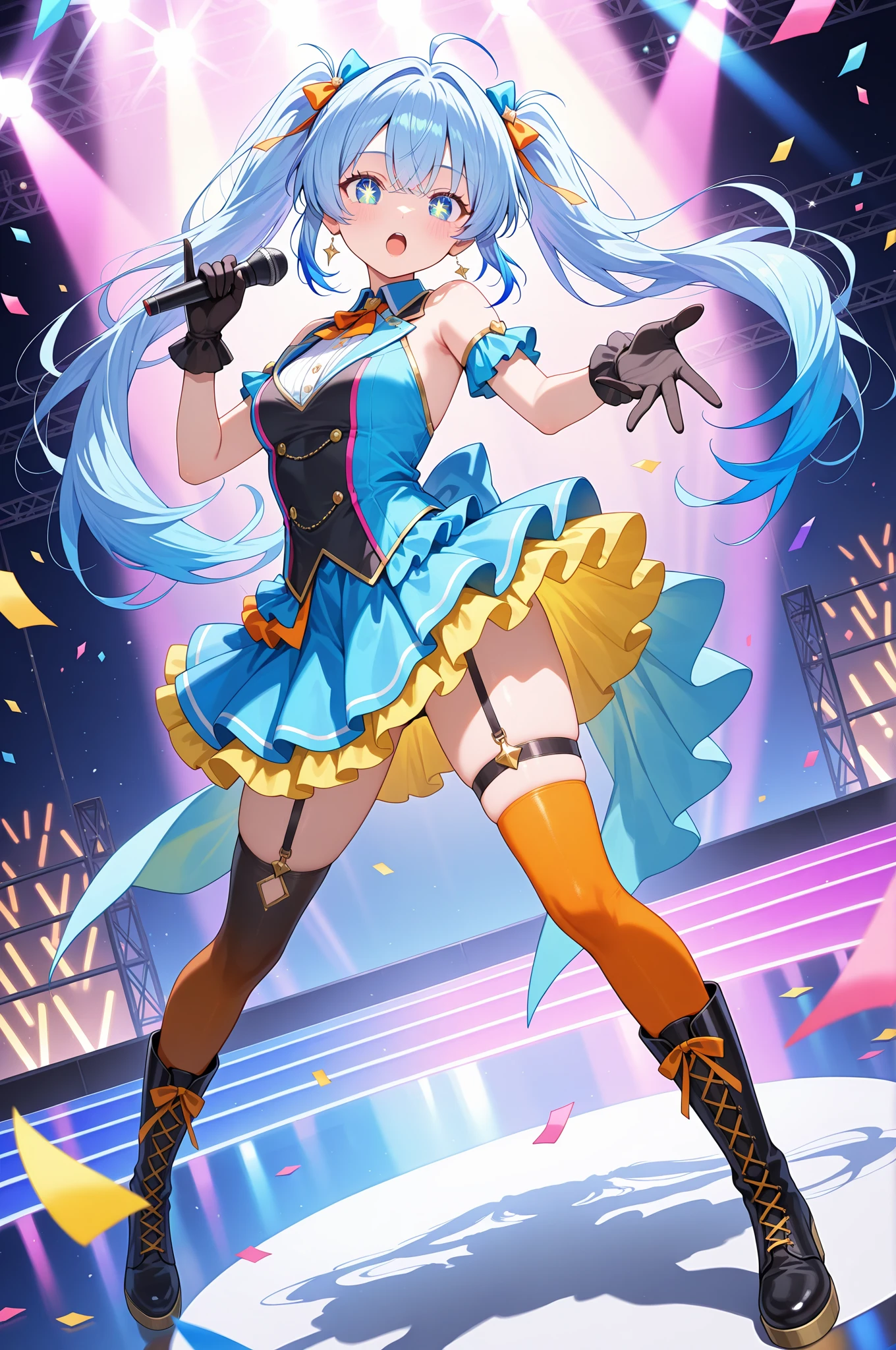(Highest quality), (masterpiece), 1080P, High resolution, 4K, 8K, Sweat, Red nose, China dress, Bare shoulders, Side bust, Underarm, Thighs, Raise your arms, Light blue, Medium chest, Shooting from below, 18-year-old, Live Stage, black string panties