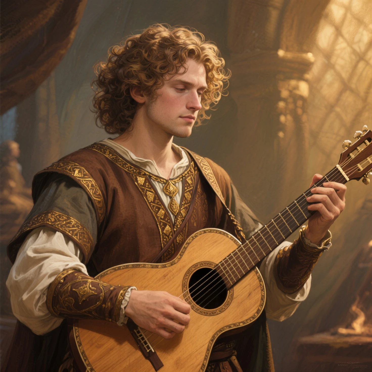 Baroque style painting of a young gypsy guitar player, earrings and bracelets, beautiful and strong young man, dressed in a vest, shirt and pants in the style of the Victorian Era, green eyes, long, wavy, silky, blonde hair falling over his shoulders, ((playing guitar near a fire in a gypsy camp)).