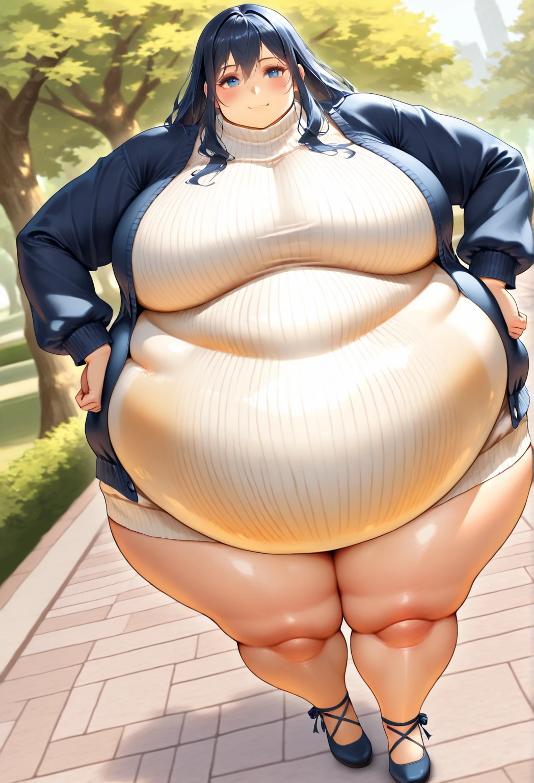 Anime Women, Lady、Forehead、Black Hair、Braid、Glasses、Hanging eyes、Brown eyes、Are fat、Chubby、Voluptuous、obesity、Double chin、Cheek、Fat-covered neck、Big Breasts、Saggy breasts、Thick upper arms、Fat Belly、Sagging belly、tall、Dark brown striped suit、High heels、Sweat、Embarrassed、Exercising