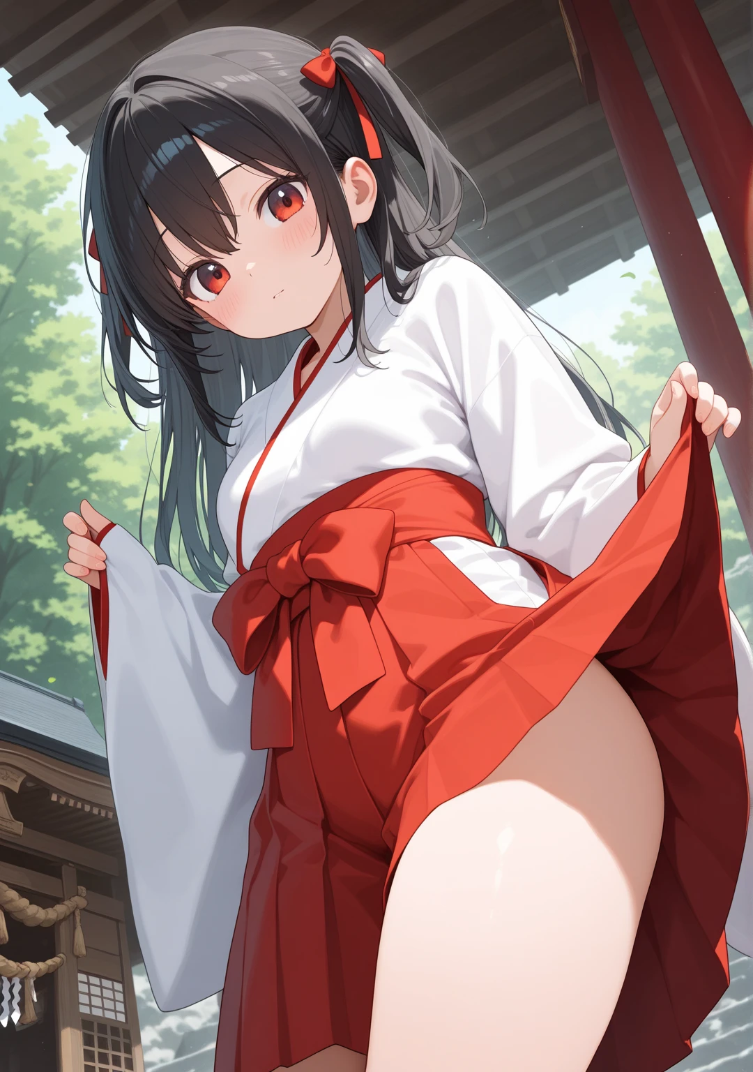 One woman、beautiful girl、high school girl、Hakama、ponytail、Big red ribbon、Long Hair、Budokan、Holding a Japanese sword、Kendo stance、A packed audience、Highest quality, Thick thighs、Big Ass、Black Hair、Sweaty body、Rin々A funny expression、Serious face、Angle from directly below、tabi、Japanese sword swinging pose、Conqueror's Haki Aura、Squatting with legs apart、Blue panties、Close up angle on pantiey legs are shaking、Cramp、Love juice、Dildo underneath、The dildo is touching her crotch、in the ground、The dildo is vibrating、A face that is trying to endure pleasure、Dildo growing out of the ground