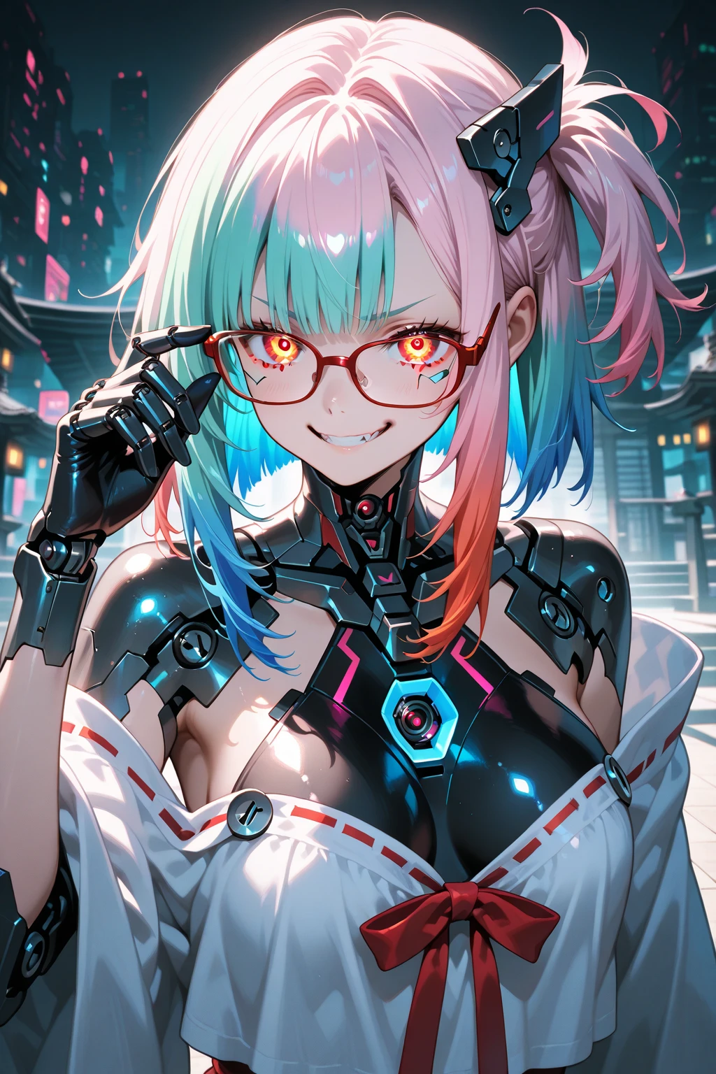 highest quality,wonderful,masterpiece,delicate,ultra high resolution,Super detailed,intricate details,beautiful,8K resolution,(Highly detailed CG Unity 8K wallpaper),sharp focus、anime、fiction、one woman、dark green hair、short hair、red glasses、big breasts、vivid hair、shaggy hair、messy hair、vivid skin、Glossy skin、  face、lolita、short、cute、beautiful eyes、happiness、Pleasure、smile、emphasize the chest、stand、front、naked