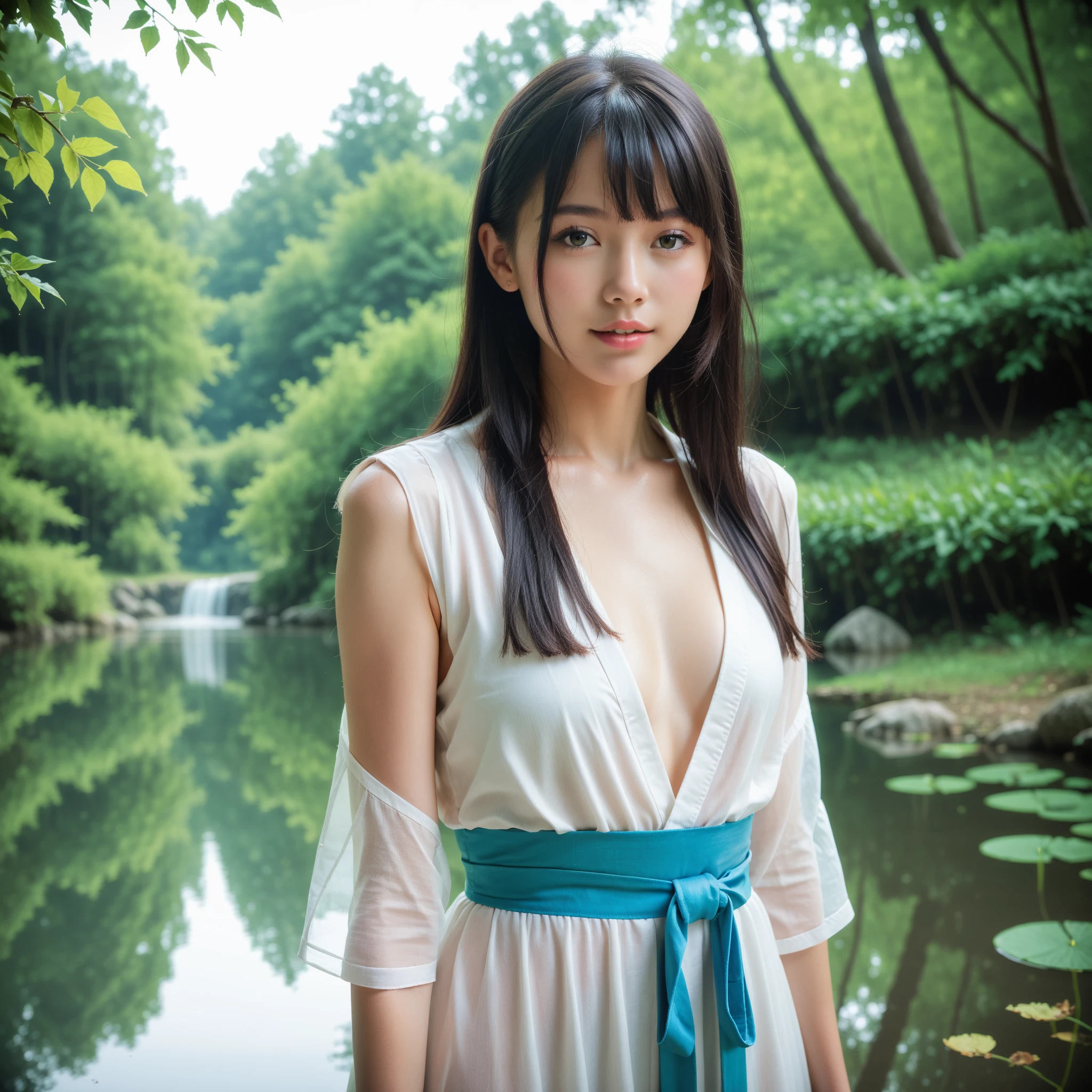(((Standing in the middle of a waterfall on a moonlit night))),((池の真ん中に立つbeautiful女性:1)),((beautiful half-naked woman in a beautiful waterfall basin)), ((Black Sexy Nightgown:1)), ((Sharp and captivating eyes))、((Obscene atmosphere))、(((See through Japanese nightgowns:1.3)))、((Japanese-style nightgown with a black base and yellow accents)), ((Kimono made of thin cloth wet with water:1)), Pale skin、(Swollen nipples:1), (((One Girl:1))), ((Pale skin))、憂鬱なbeautiful顔、beautiful expression、Sexy Face、Swollen nipples, (((Lower Breast)))、(((beautiful breasts ))), beautiful 、非常にbeautiful顔、Delicate eyes、(double eyelid)、 (((1. Japanese women)))、 Beauty, 20-year-old,((See-through kimono)), (Show off by wearing Japanese revealing clothes),