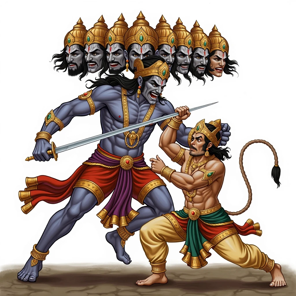 Lorn Hanuman strikes On Demon Ravan with his fist like thunderbolt.