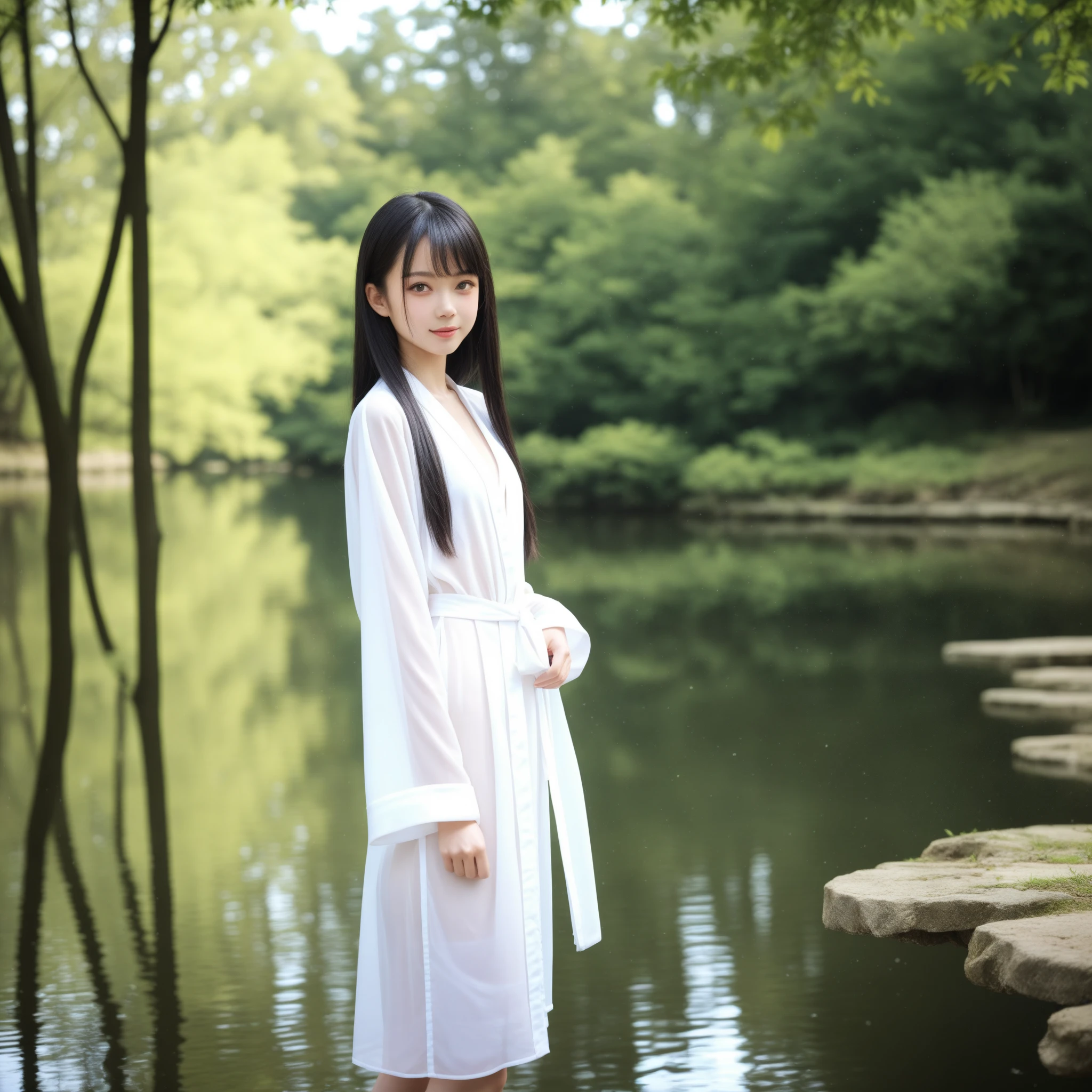 Willow trees, both sides of the lake, swan, lotus flowers, gazebo, a beautiful girl, perfect face, standing, look far