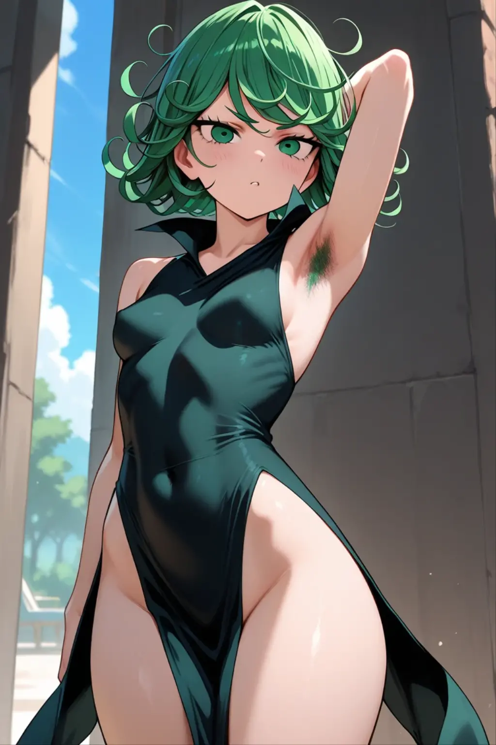 masterpiece, best quality, 1girl, solo, breasts, looking_a t_viewer, blush, medium_breasts, full_body, lying, on _back, armpits, arms_up, covered_navel, bed _sheet,, bedroom background, long t-shirt, green hair, (tatsumaki: 1.7)