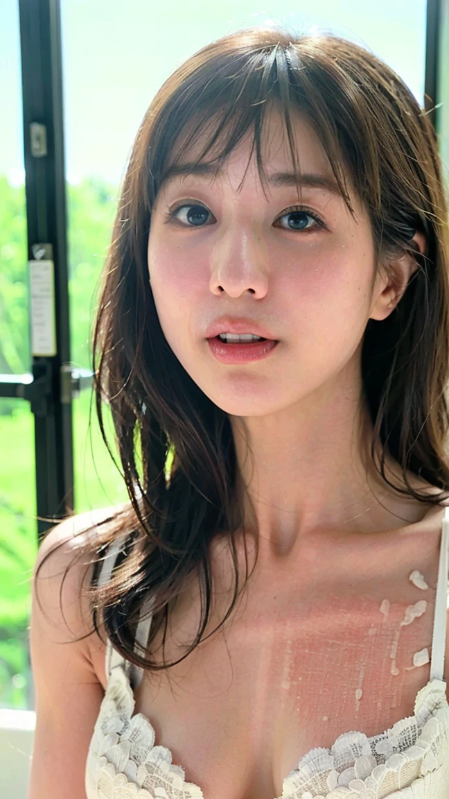 (From a straight above, bird's-eye perspective), 1girl, Realistic Chinese pretty teenage girl,16-years old,black long hair, pink colour silk lace nightdress,erotic, small breast,greasy, knelt on the ground, eye gazing up to the camera, with sweat on body, sweat body, sweat breasts, greasy body, greasy breasts, beside the window