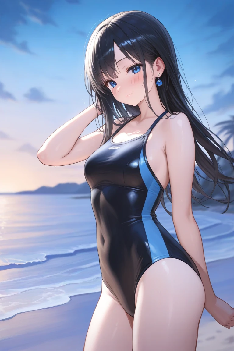masterpiece, High resolution, highest quality, beautiful , athlete's body, thin, super detailed beautiful face, Because I'm slender, glowing growing skin, provocative expression,1 girl, Raise the hand, detailed hands, dark black one piece swimsuit, (Wet and shiny detailed swimsuit: 1.5), tropical beach side, Coral pink hair, Half Side Up Hair, cowboy shot from above, flat chest that is still growing