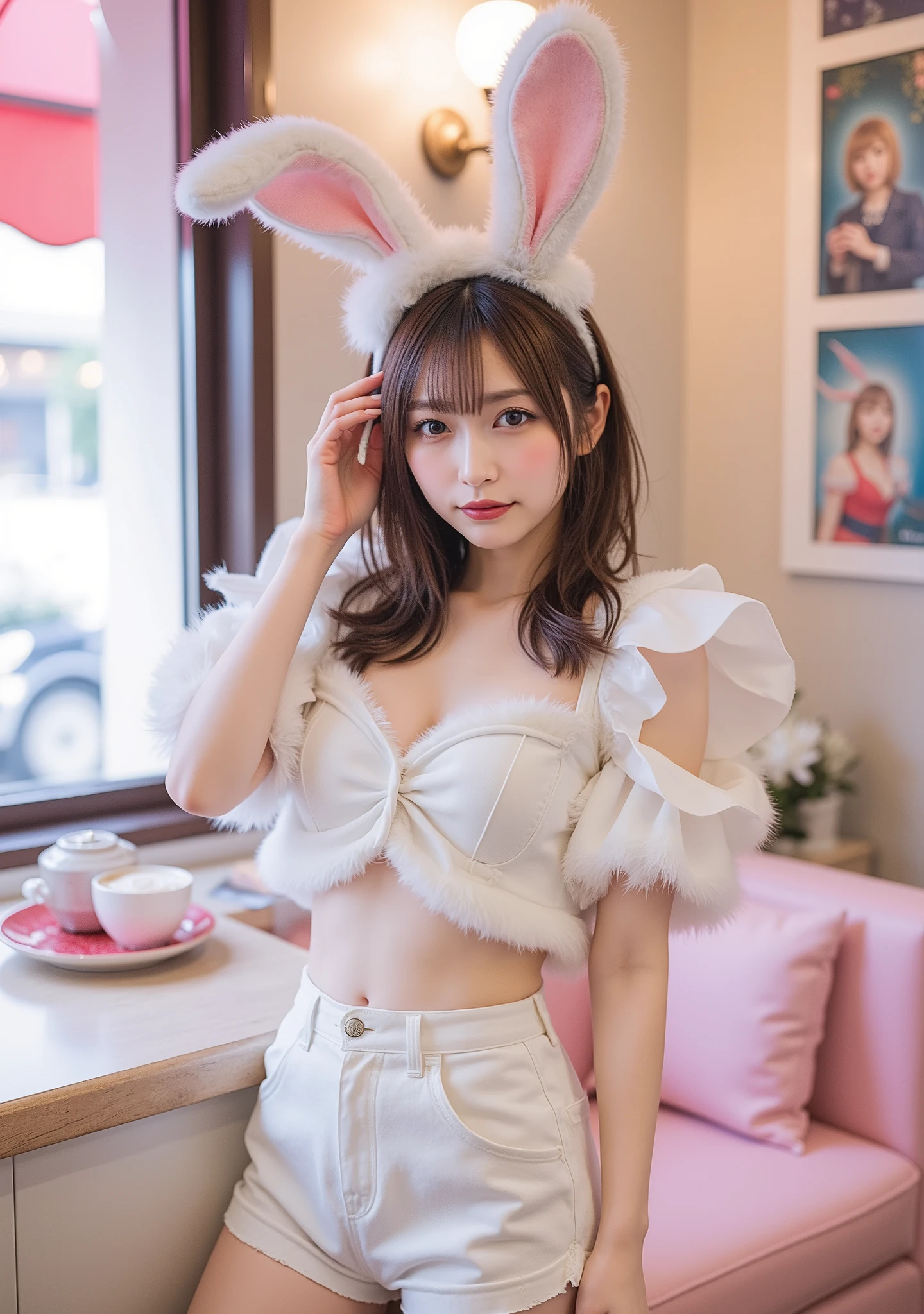 (top quality、table top、8k、best image quality、超A high resolution:1.5, (Photorealistic:1.4),masterpiece:1.2,(top-quality:1.4)、Raw photo)、Woman working at a cafe、Cafe staff uniform、Fluffy White Bunny Girl Outfitを着た若い女性、Beautiful Elegant Japanese Woman、Most Elegant and Cozy Cafe、The most natural cafe、Most Ambient Warm Lighting、Stylish and Elegant Cafe、 Strongly blurred background 、 perfect and beautiful teeth with super high resolution、Ultra HD beautiful face、Super High Quality Beautiful Skin 、、30 years old、Beautiful, Detailed Eyes、detailed face、Beautiful skin、thin legs、Glamorous Hairstyles:1.3、Cute、 (RAW photo:1.2), (photorealistic:1.4), beautiful detailed girl, very detailed eyes and face、dynamic、brown hair、Warmly Illuminated Pendant Light、Soft Light Effects、Detailed hair flow 、Colorful and Lovely Atmosphere、Realistic shadows and highlights、Fluffy White Bunny Girl Outfitを着た若い女性、fluffy clothes、Fluffy White Bunny Girl Outfit、Soft Faux Fur、White Fluffy Crop Top and White Fluffy High Cut Shorts、White Fur Wrist Cuffs and Leg Warmers、white fishnet tights、playful sexy style、pose where you can see your back and profile、stick out your butt
