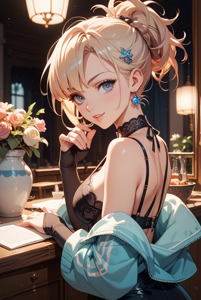 (from above:1.2),(from side:0.6),(Close-Up:0.4), (A masterpiece of image quality in 8K),(Beautiful Allafed Woman),(((emphasizing breasts:1.1))),(Dynamic angles),(Dynamic and sexy bending pose:1.3),(sit a chair:1.2),(Short hair in shiny silver and orange inner colors,small full breasts,Disturbance of clothing due to movement,breast slip,(Ponytail twisted buns adorned with elaborate braids and beads,Braided Setup Fishbone Hair:1.2),(see-through bangs),small breasts,(((A brown lace apron that shows your bare skin from under your small breasts.......)))、garters,Blush with embarrassment、Enraptured eyes、 little open mouth,A smile that beguiles the viewer、(Look back:1.2)、Look into the photographer,skin glistening with sweat,gazing at viewer,,(Professional Lighting),(masutepiece,top-quality,Ultra-high resolution output image,),(Ultra HD with complex detail image modes),depth of fields,Beautiful hands,Beautiful fingers,Detailed finger features,(Detailed hair features:1.7),detailed facial features,detailed clothes features,
