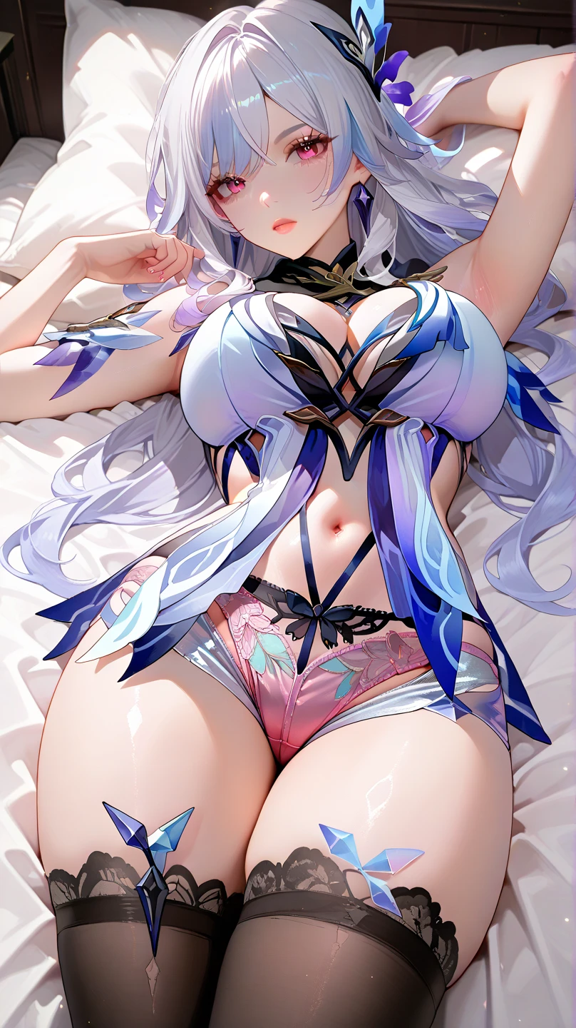 full-body shot,((best quality, 8k, masterpiece:1.3)), masterpiece,best quality,A young girl,liuying,银白色Long hair ,Black_hairband, X-Shape_eyebrow, hairband, slope_hair, Bangs,Half a smile,Bare shoulders, Bikini: 1.1, white stocking,