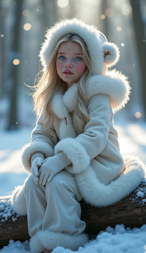 10 year old girl Russian child with long hair BLONDE, PORTRAIT, BLACK FUR COAT, ICE, ICE, LOTS OF ICE,