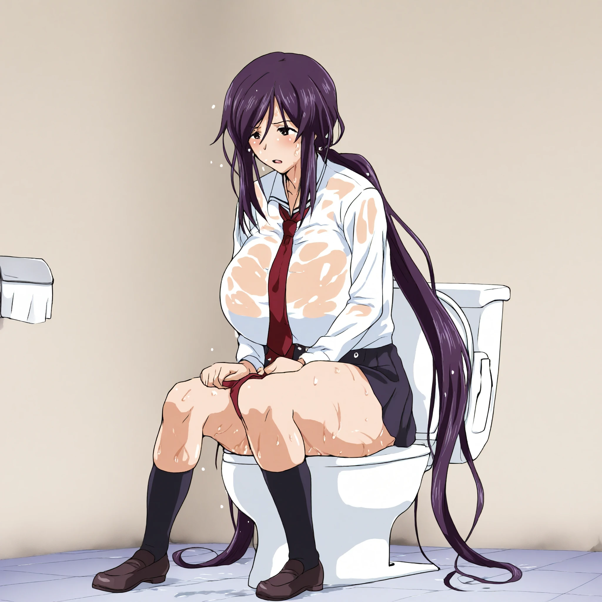 Taimanin Asagi、Asagi Igawa、Black Hair、Green Eyes、Long Hair、Huge breasts、high school student、smile、night、skirt、Open neck.The neck is open、skirtたくし上げ、Pussy、pubic hair、Sweat、、Pee、whole body、Cleavage、Standing with your legs apart、Pussy炊き出し、Leg-spreading toilet