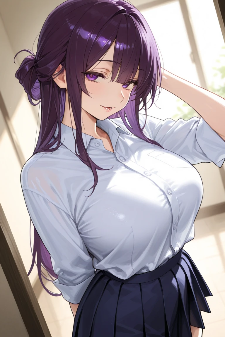 front、Character portrait、Ultra-detailed illustrations、Ultra-precise expression、masterpiece、Highest quality、ultra High resolution、High resolution、Hiromitsu Takeda Style、White background、Simple Background、One Woman、solo、Black purple hair、long hair、Show your forehead、side ponytail、Large Breasts、Voluptuous、Purple shirt、Black tight skirt、Aunt、Purple panties、