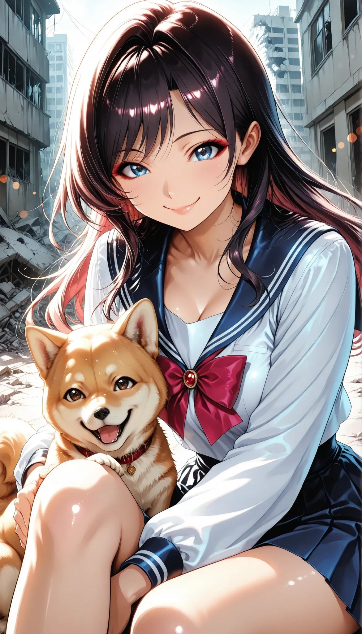 Gal, Shiba Inus and School Girls, cute Shiba Inu:1.2, sailor suit, Pleated Skirt, アニメBeautiful girl, (End of the World, Ruined City Background, broken building), school uniform, Smile Yan:1.2, Saggy Eyes, (Bring Shiba Inus:1.2, sitting holding the knee), High Quality, Detailed Expression Details, 4K High Quality, Anime Style, delicate texture, realistic skin texture, Bokeh Backgrounds, Refined Lighting, Sensualな雰囲気, high definition illustration, Utopian, Anime Style, Beautiful girl, beautiful girl, Sense of luxury, fashion portrait with Shiba Inu, Sensual, Enchanting, Sensual, charming