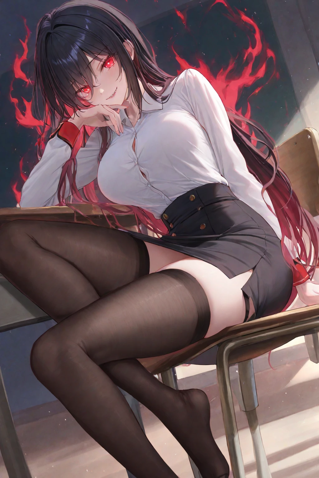 makima \(chainsaw man\), (red hair)+(long braided hair)+(bangs), yellow eyes, golden eyes, ((ringed eyes)), (white shirt), (necktie), 8K, (original: 1.2), (far shot), (realistic: 1.3), masterpiece, best quality, beautiful clean face, fullbody, 1girl, posing for a picture, long legs, huge breasts , showing feet,showing feet soles,legs_up,{feet_up}, lying,leg_lift, feet