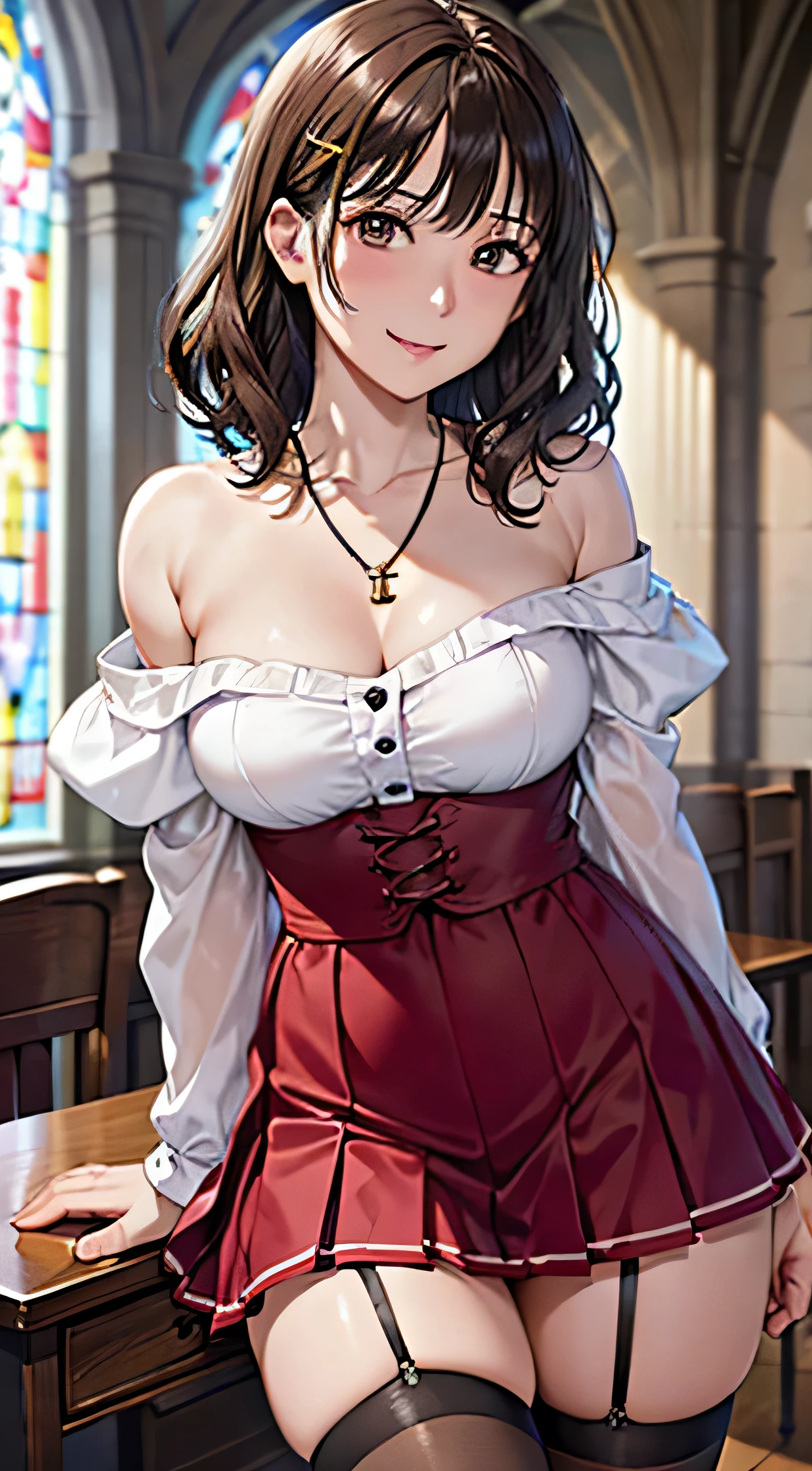((Tabletop, Highest quality, High resolution, , Pixel Perfect, 4K,))), 1 female, 、The whole body is visible、 ((Long Wavy Hair, bangs, Brown Hair)), ((Brown eyes, Beautiful eyelashes, Realistic eyes)), ((Detailed face, Blushing:1.2)), ((Smooth texture:0.75, Realistic texture:0.65, Realistic:1.1, Anime CG Style)), Medium sized breasts, Dynamic Angle, Perfect body, (( , , Beautiful Priest、、 Priest off-shoulder jacket、Priest Flare Skirt、、)), Gold Hair Ornament、Cross Necklace、Earrings、Very embarrassing panic smile, 、Gorgeous church basilica、、Hold a big Bible、Leaning forward、Stick your butt out、Lacy pink bra、、、、、 、Angle from below)、