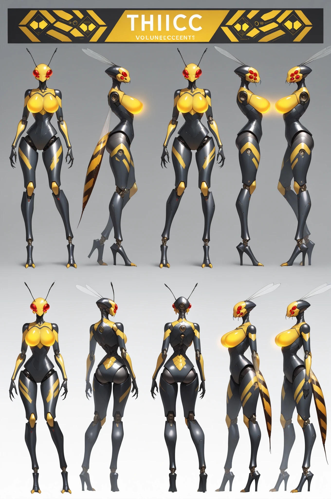 stylized style, Overwatch style female character concept, full body back and front view, robot detailed face with round eyes, bee theme, body covered with armor