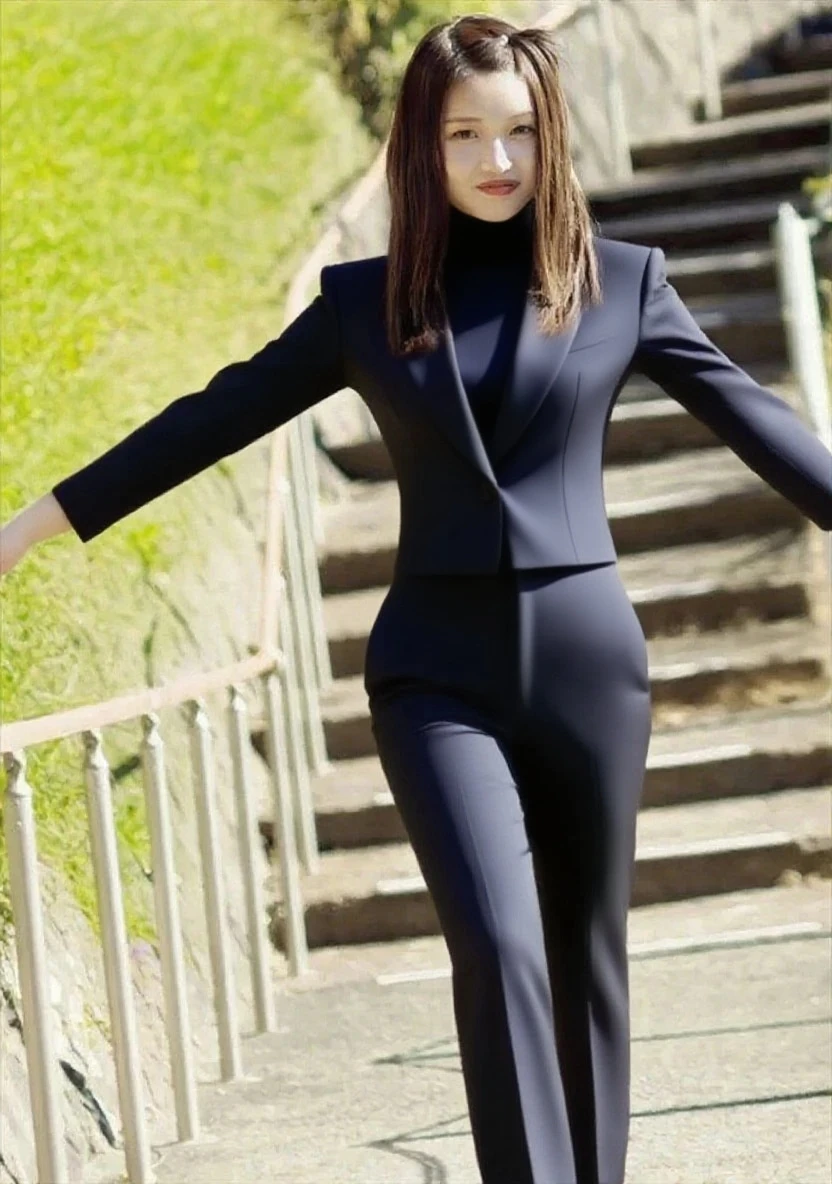 1 girl, shirt, pants, best quality, masterpiece: 1.3, (realism: 1.2), perfect body: 1.4, golden ratio, wide shoulders, narrow waist, high heels, short hair, fine face, fine eyes, double eyelids, feet apart, face facing the viewer front, full body: 1.6, walking