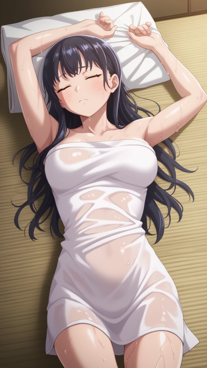 ((masterpiece, highest quality:1.2)), in perspective,nsfw,after sex,,cowboy shot,1woman,18 year old beauty、solo,long hair,dark purple hair,(very small head:1.3),blush,kiss me,drooling,(slender and long body),skinny,medium breasts,sweat,oily skin,shiny skin,sweat,naked,nipples,vagina,creampie,excessive cum,Spread your arms wide、lying,on back,Simple bed、Simple bedroom、Tokyo、
