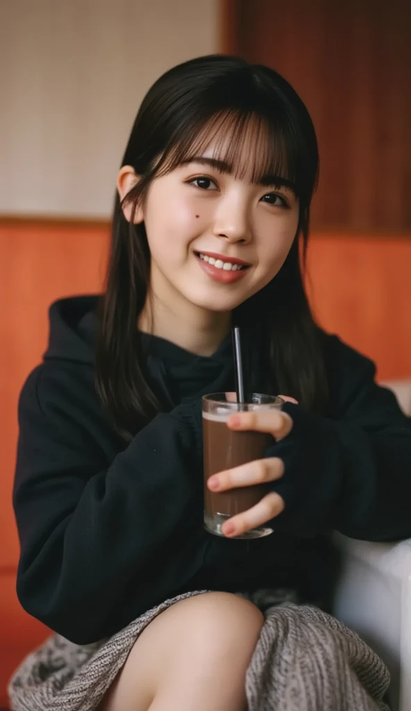 Cafe,Drink a drink,face down,smile,Japanese women,semi-long,hoodie,cute