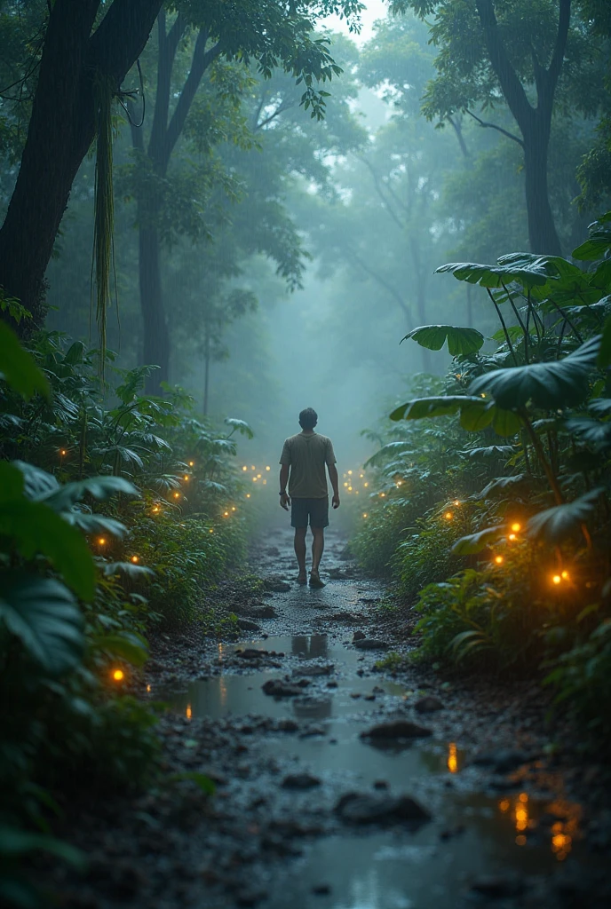 A middle-aged man, returning home after a long day's work, stands on a dark, narrow path in a remote Amazonian town, surrounded by dense, whispering trees.