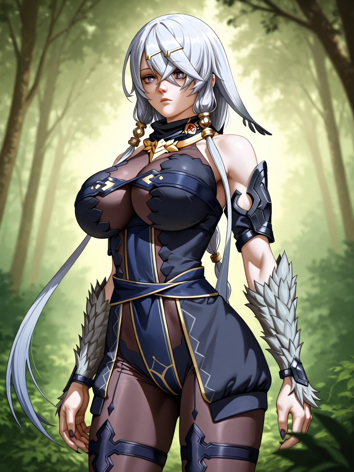 Selene, white hair ,red eyes, ponytail, hair ribbon,
armor, cleavage, pants, gloves, choker,
solo, toned, serious,
battlefield, morning, trees,
(insanely detailed, beautiful detailed face, masterpiece, best quality) cinematic lighting,
<lora:Selene:0.7>