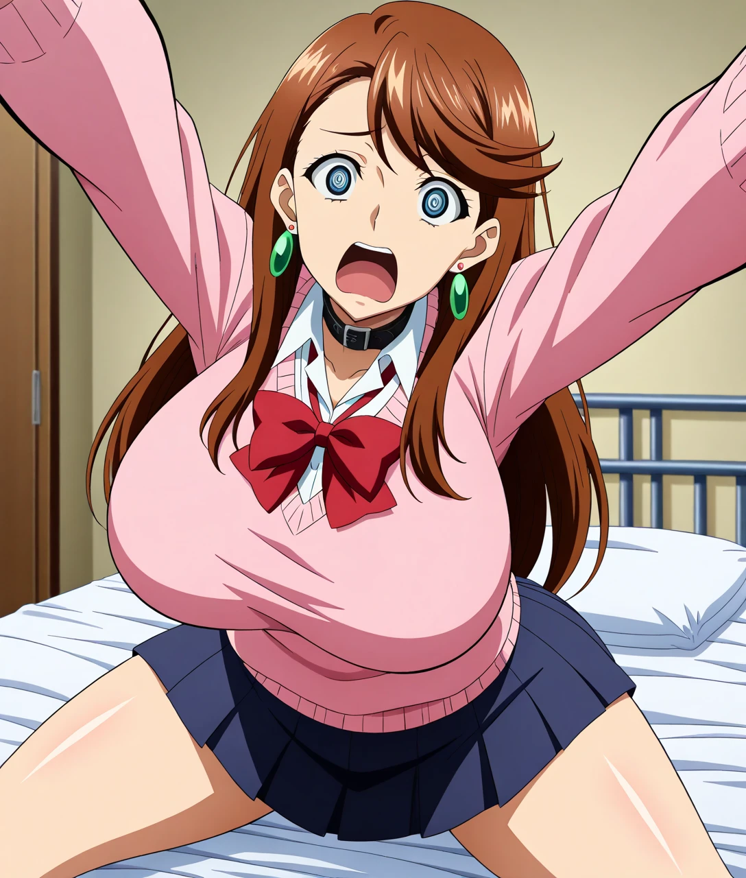 Highest quality,1 girl,Big Breasts,orgasm,blush, Sweat,Ayumumo,Ayumu Momose,Long Hair,hair band, Cross Necklace, Pink Shirt, Pleated skirt, Black knee socks, Red Skirt,mini skirt,((Lift up your skirt,White panties:1.3)), whole body, Recall