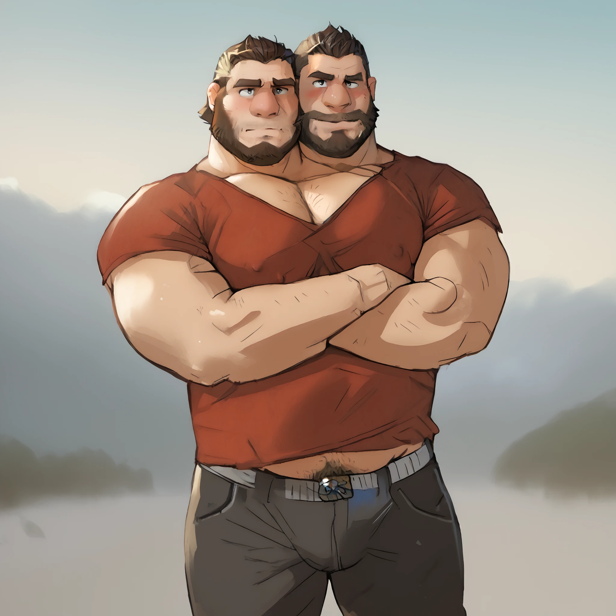 (hairy bear father and son conjoined)), solo, lumberjack, outside, bulge, pants , underwear, wide shoulders, ((two heads one body)), two-headed , conjoined, black eyes, beard, father, comforting, eyes, adult, male, (thick body, correct hands), (best quality, detailed, 4k), score_10, teasing, adios, blushing, leather gear, standing, confident pose, wide shoulders, fat, hairy,