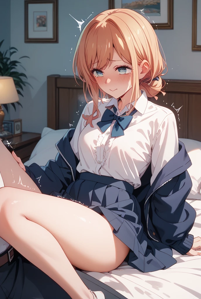 Vibrator, vagina, vagina visible, no panties on, lower body nude, 1 dildo, underwear, dildo under nude, dildo under clothes, naked dildo, standing, bra, light cream colored hair, short hair , pale brown eyes, wet vulva, tearful, moving calmly, wet vulva, wet crotch, collared shirt, pleated skirt, bowing, legs spread, feet up, missionary bird's eye view , Legs spread, , Sex with 1 girl, , On the bed, Glamorous expression, , Looks like she's going to cum, Shy, Night, , Pale cream hair, short hair, light brown eyes, face blushing, perfect hands, detailed hands, on the bed, gathered, nsfm, collared shirt, pleated skirt, pale cream hair, short hair, pale brown eyes, wet crotch,1 dildo,underwear,dildo under panties,dildo under clothes,