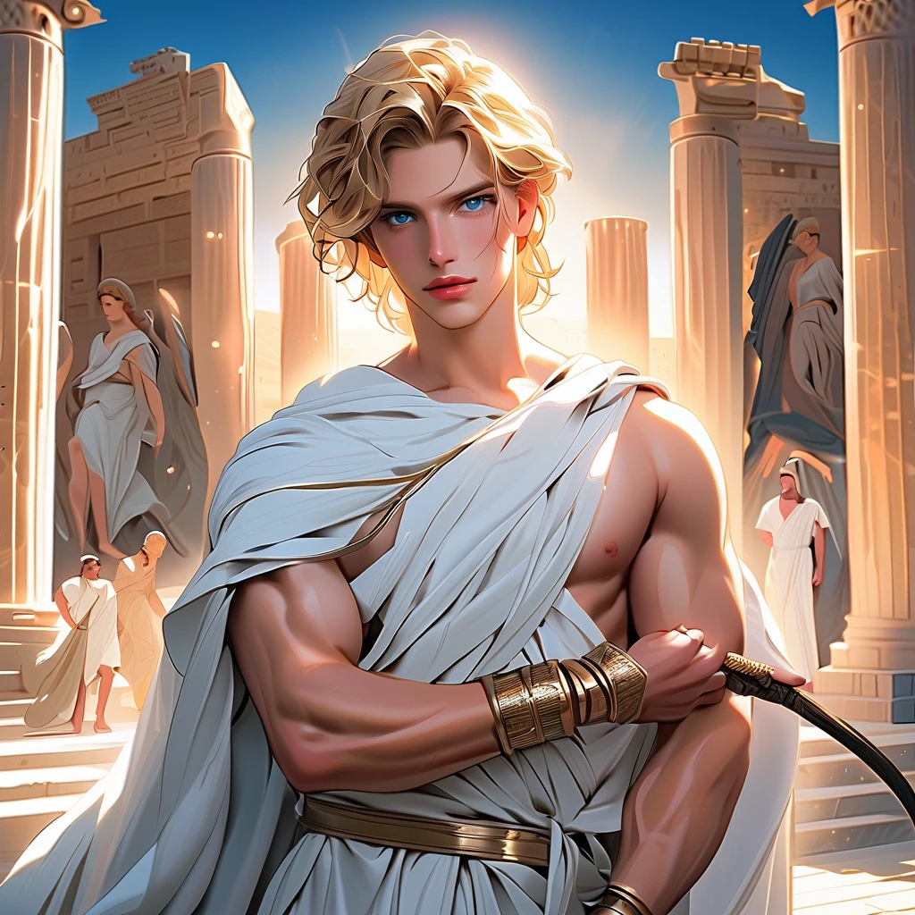 ((Best Quality)), ((artwork)), (detailed), Greek mythology, a young Alexander dreaming of conquering the world under the stars of the ancient kingdom white robes