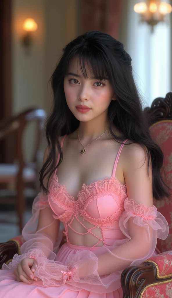 1 female, Updo, (Ultra Realistic, High resolution), (Highly detailed eyes, Highly detailed hair, Highly detailed face, Highly detailed plump lips), (off shoulder with open chest), chest, Upper Body, Looking for a Smile, (Highest quality:1.4), RAW Photos, (Realistic, photo-Realistic:1.37), Professional photography, Cinematic Light, (Beautiful Face: 1.2),(((Red lace bra 1.5)))、See-through、See-through、High Leg、Mid shot photo 1.4、(((小さいchest1.5)))、(Slender Body Type 1.2)、Bedroom、Place your right hand over your mouth、Mid-shot photo、Kneel、