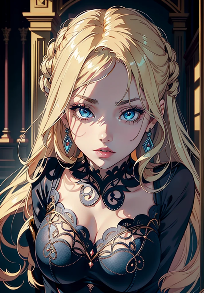 Flower Princess, Rapunzel, Beautiful, Glowing yellow glow, Long blonde hair, Green eyes, Lilac flower dress, Green ivy, Nice young face, Soft tan skin, Concept art portrait by Greg rutkowski, Art germ, Ultra-detailed and intricate Gothic art trends in Artstation ternary colors, Fantastical, intricately details, Splash screen, Complementary colors, fantasy concept art, 8K resolution, Oil painting, Heavy strokes
sultry look, seductive,