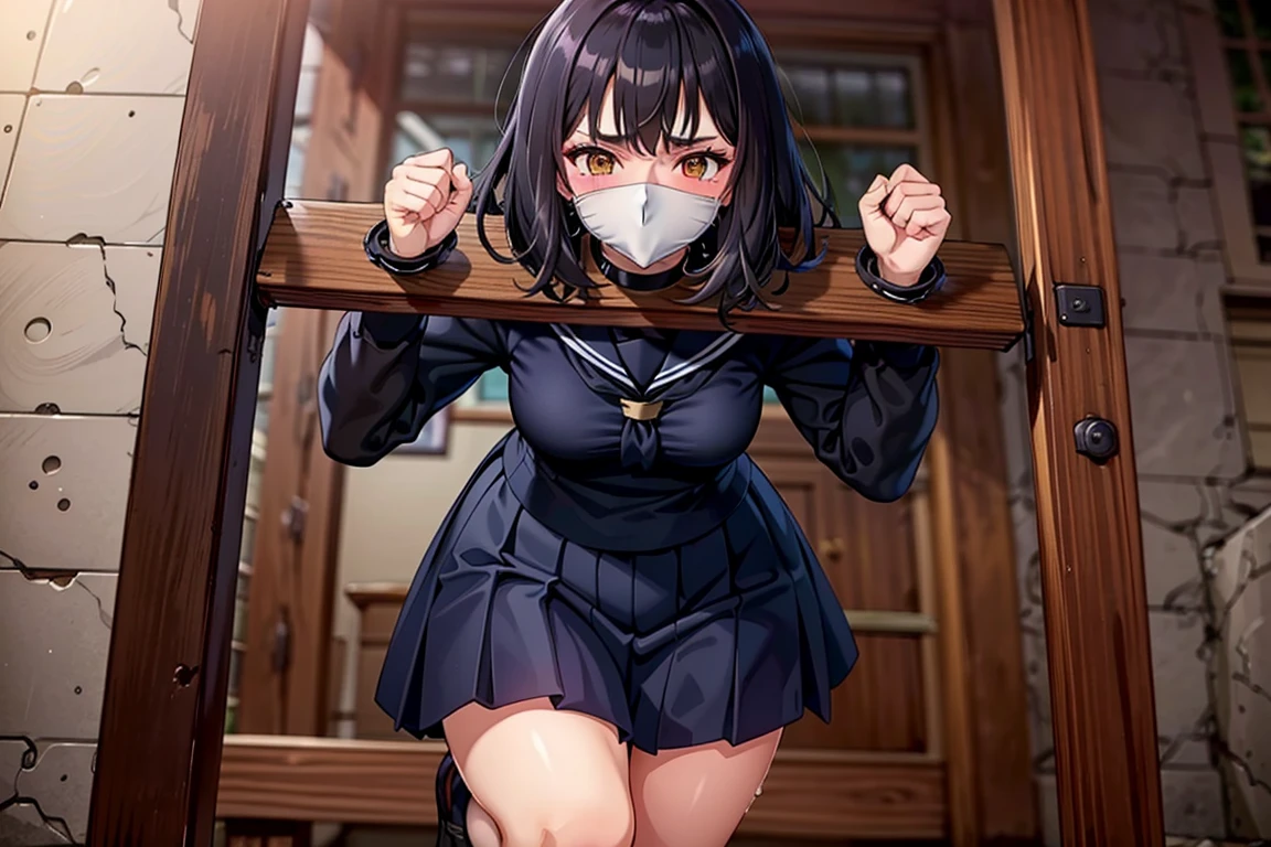 masterpiece, absurdres, 1girl, hinata\(shippuden\), solo, nude, looking at viewer,  floating hair,  wind, blue pants, (Best Quality), length hair, large breasts, breasts out,Bound, Bondage, (arms behind back:1.4), BDSM, tape, TAPE BONDAGE, close-up, srestrained, best anatomy, Curled up, angry face, shout, mouth gagged, Upper body, blushing face, humiliation, desperate, (front), (men touching her ), holding hair, pov hand pulling hair, hair played, hair toying, (men playing her hair), (men raises her hair),