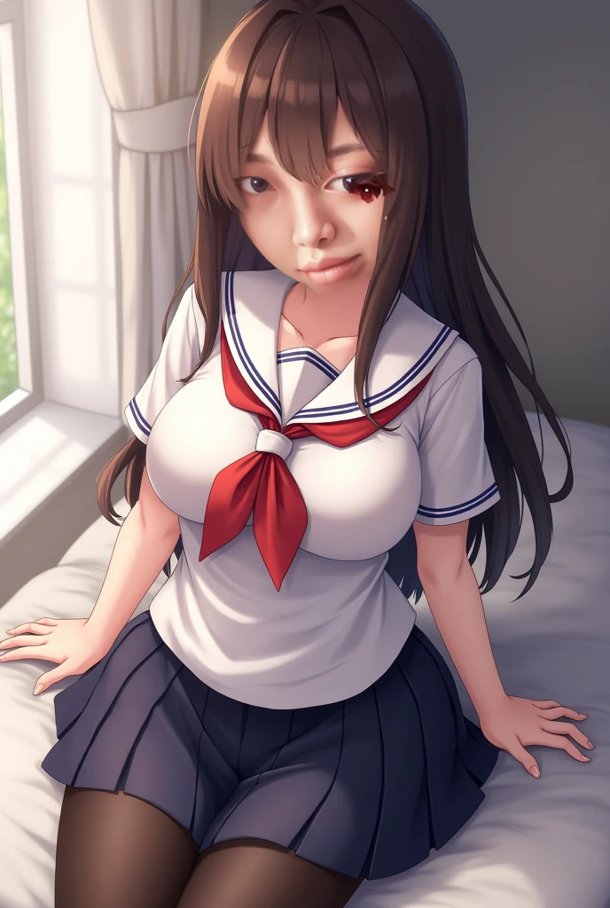 ((highest quality、High resolution、masterpiece))、Portrait、A beautiful woman、Perfect body、beautiful ample breasts、classroom、high school girl、Sailor suit、No panties、Embarrassed、((I spread my legs wide open to show you my pussy))、Love juice、I'm inviting you to have sex