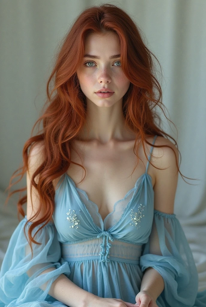 1 girl age 19, solo, aesthetic artwork, irish redhead, long wavy ginger hair, grayeyes light, some small freckles, pale skin, G-cup, huge breasts, slim body, runners body, (textured skin, skin pores:1,1), (moles:0,8), imperfect skin, sitting down, (extremely detailed 8K wallpaper),soft lighting, high quality, film grain, fujifilm XT3 sharp focus, f 5.6, 50mm, high detailed, sharp focus, dress blue and white, high detailed, complex details,
