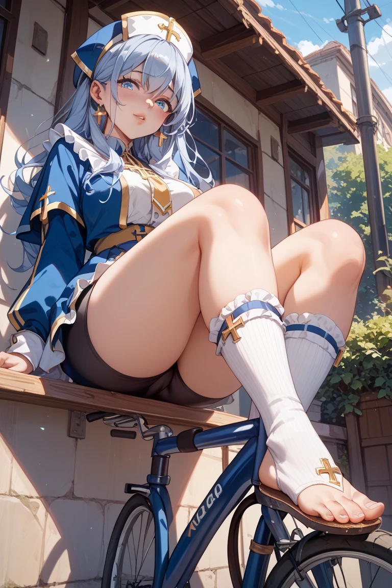 very cute and beautiful girl,(Very detailed美しい顔), (smile),blush,Black Hair,Seraphim,((White Hair、long hair)),(White Shirt、Pleated navy blue pread your legs、Squat)、Sitting、(From below)、(Lace panties), Country road, (Highest quality,masterpiece:1.0),Absurd,High resolution,Super detailed,Very detailed,32K,8k resolution, Intricate details,Movie Scenes,Detailed Background,alone,Dynamic Angle,
