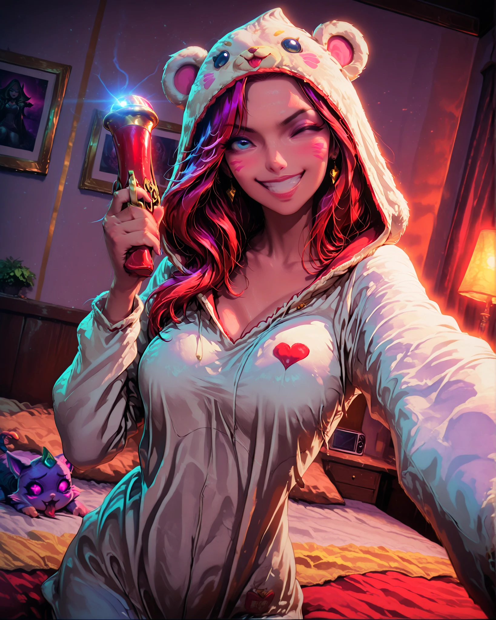 Masterpiece, ultra detailed, 4k resolution, cinematic lighting, dynamic angle, perfect anatomy, natural proportions, expressive faces, realistic shading, soft ambient occlusion, Miss Fortune from the game League of Legends wearing her pajama guardian skin, a white kigurumi with yellow and red details and a cute little monster on the hood, taking a selfie with one hand and with the other holding a plush pistol, winking and smiling, in a room with many references to geek/pop culture and especially to the game League of Legends, hot colors, bright colors tracing, perfect lighting