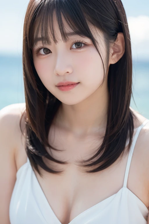 ((highest quality, 8k, masterpiece :1.3)), Photorealistic、Ultra-high resolution、Natural skin texture、Hyperrealism、Ultra close-up、12 year old beautiful Japanese girl、Large breasts、Tight white swimsuit、Hands folded behind the body、I feel scared、A tense look