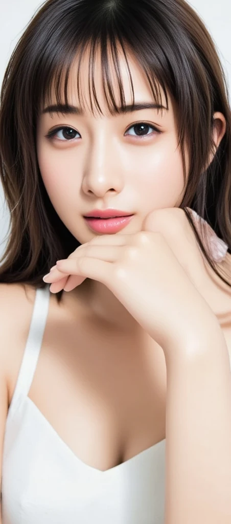 sweet expression, Kneel down, Put your hands on, White glasses, White short hair, (8k, original photo, Reality:1.25) ,( Lip Gloss, eyelash, Bright face, Smooth skin, best quality, Ultra-high resolution, Depth of Field, Chromatic Aberration, Caustic lines, The width light, Natural shadows, Hallyu idol) Look at the audience with calm and goddess-like happiness, whole body, Large Breasts, Cleavage close-up,White lingerie, black, Transparent shirt, White shirt, secretary