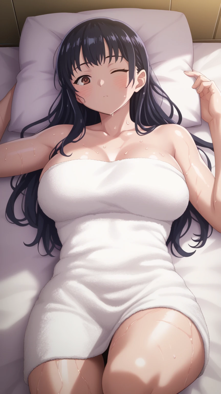 Stunning Chitanda, There is only one beautiful girl，purple eyes, black hair, Naturally straight hair, straight bangs，extremely refined，lips open，flowing long hair，Peerless beautiful girl, dreamlike，Slim，soft, (Sensual), (kawaii), Dream quality，pajamas，on the bed，Big breasts，bare shoulders，Clavicle exposed，bare neck，Bare thighs，Exposing the groin，camel toe，bare legs，barefoot，extremely shy，ultra high resolution, (masterpiece:1.2, best quality), (Exquisite and beautiful eyes: 1.2), (Beautiful and delicate face)
