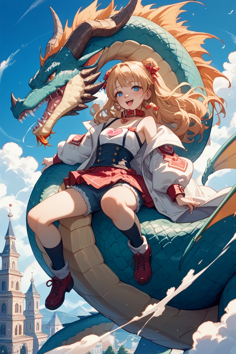 (Best Quality, Masterpiece: 1.1), (Realistic: 1.4), Beautiful naked schoolgirl is riding on the red turtle, god ray, teen, silver short hair, blue eyes, full body, from below, hourglass body shape, flying over the park, crystallineAI, fractal art, splash