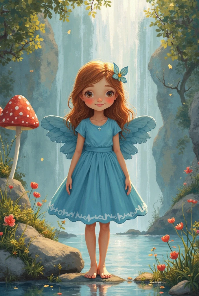 the picture is in the style of a coloring book black and white lines. a litlle girl is smiling and sitting on the tree stump looking at the flovers around her.t here are fairy trees behind her and fairy castle, clouds and sun in the backgraund