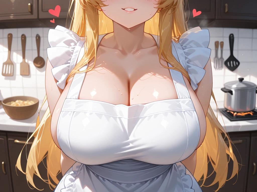 masterpiece, mischievous smile, lucy heartfilia, huge breasts, detailed kitchen in the background, naked apron, nipples, side ponytail