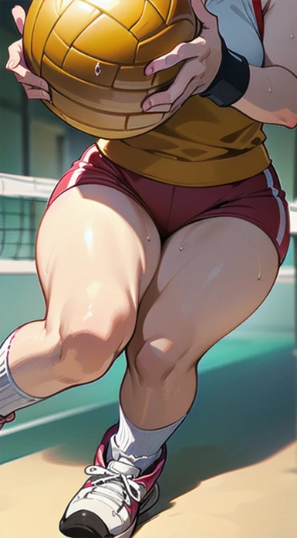 Athletic and super curvy milf, muscle, bimbo, cap, blond hair, sports top, red sports shorts, tiny shorts, parts, tanned skin, sunburn, knee high socks, sneakers, sweating, clothes wet with sweat