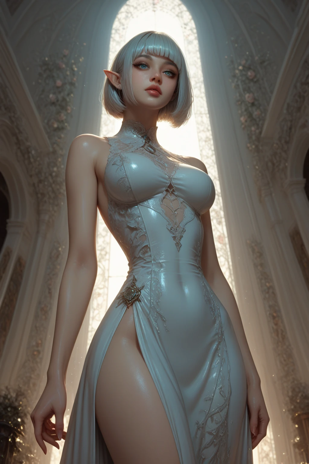 arafed woman in a white dress posing for a picture, smooth digital concept art, digital art of an elegant, opened dress, Sexy dress, dressed in a beautiful white, intricate white dress, sexy gown, Guviz-style artwork, beautiful and seductive anime woman, Smooth anime CG art, White dress, inspired by Marek Okon