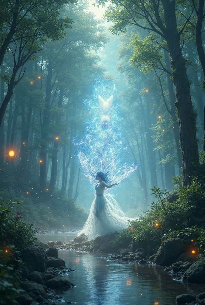 A fairy women wear long milk blue dress, long fairy ears, long brown hair, branch tiara, walk away and touching glowing leaves with her finger, background fairy jungle that have neon glow plants, ray of light, morning vibes, high class fashion, a lot of detail, ornaments, cinematic lighting, wide shot 50mm, low angle, back angle, back poses, full body shot, masterpiece, ultra detailed, hyper realistic, ultra hd, 8k