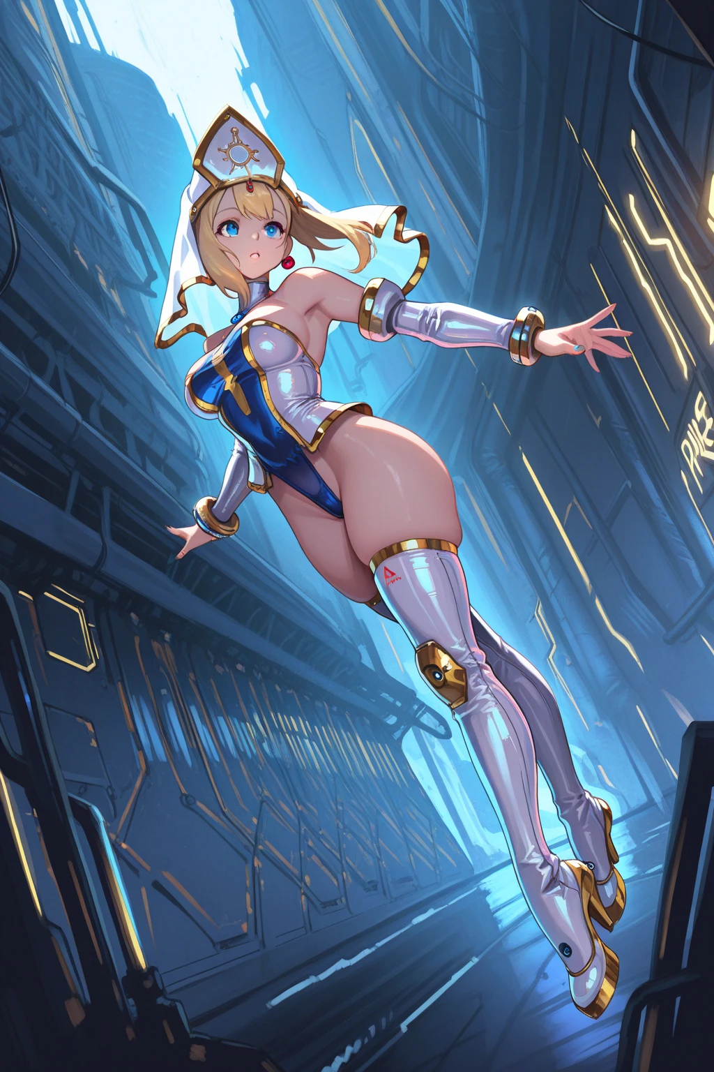 "An unparalleled masterpiece in best quality and high resolution. Featuring a dynamic superheroine in a white and blue leotard, boots and matching gloves. Her toned bare legs and sleeveless attire accentuate her strength, and bracelets add to her might. Watch her unleash a hurricane spin as she travels through time with astonishing grace."