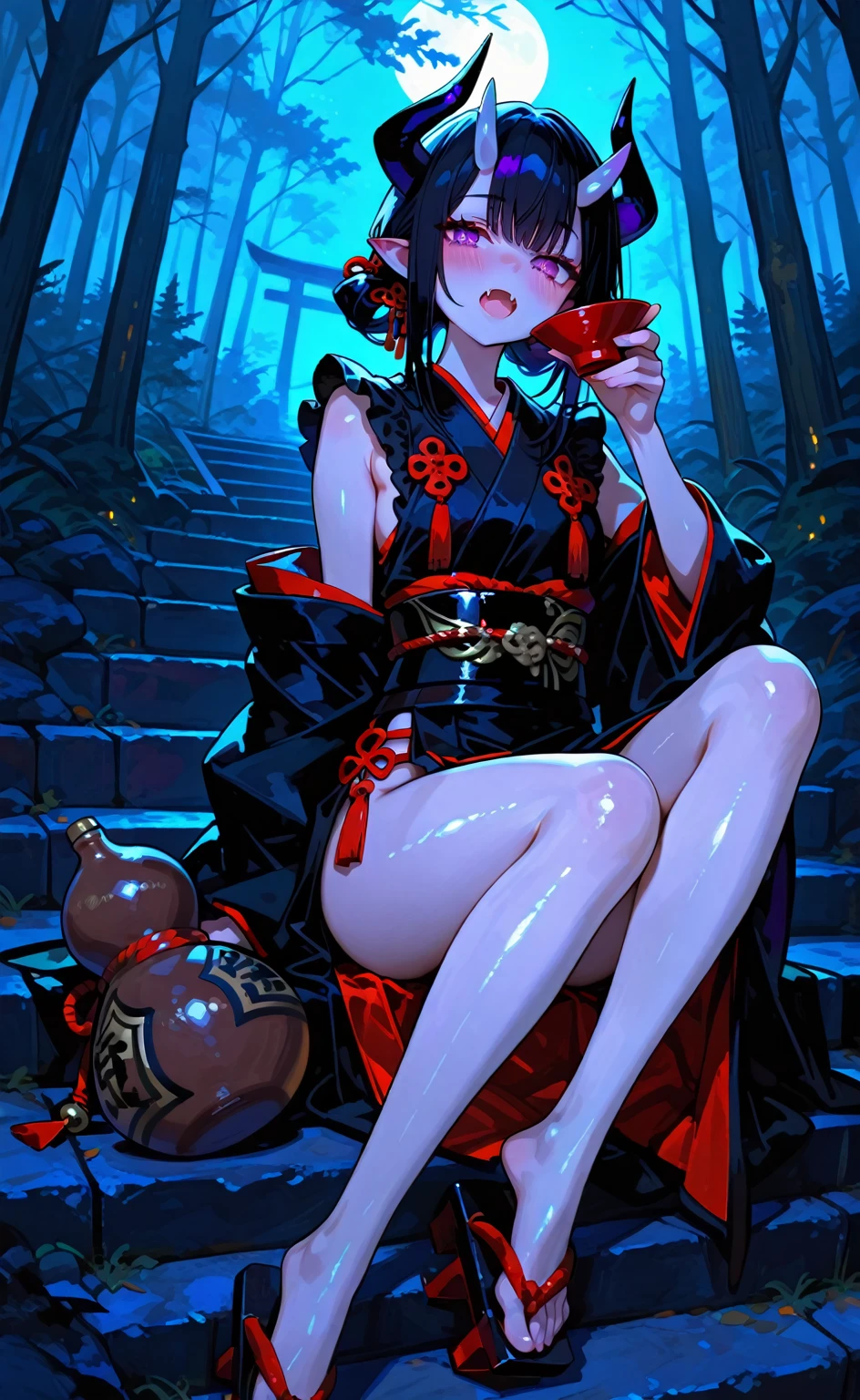 There are ghost horns on the head,Petite stature,loli,Small Breasts,Japanese kimono showing breasts and legs,breast stickers,In Japanese garden,drink wine,sex,beauty