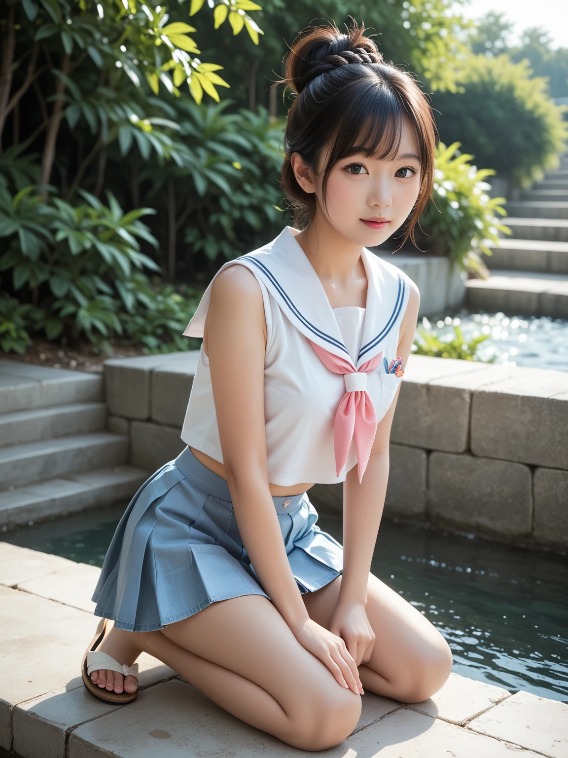 (NFSW)、((Transparent, clear sea))、(High resolution:1.5)、Highest quality,Very detailed,masterpiece,Super detailed,alone,(A 12-year-old Lolita idol),((Summer School Uniforms:1.5)), Seraphim, ((skirt:1.5)), smile, Thigh fetish images: 1.5、(((barefoot)))、(Her thighs and white bikini reflected in the clear blue water)、(reflected in water:1.5)、((I can see the white string panties:1.5))、(Cleavage)、((Blue, clear, transparent water))、Summer sun、はしゃいだsmile、Beautiful Eyes、(pull-out-lift-panties:1.5)、Big necklace and tiara、pull-lift-panties,